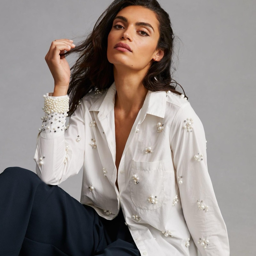 NWT Anthropologie Maeve Pearl Embellished Shirt White-Small